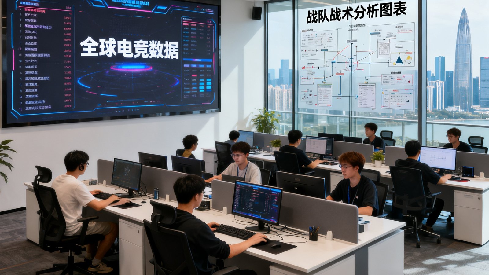 竞技宝深圳南山科技园总部办公室内景，开放式办公区排列着现代化工位，墙壁上悬挂着大型电子屏幕实时滚动全球电竞数据，数十名员工正在专注工作，会议室玻璃墙上贴满了战队战术分析图表，窗外可见深圳城市天际线。