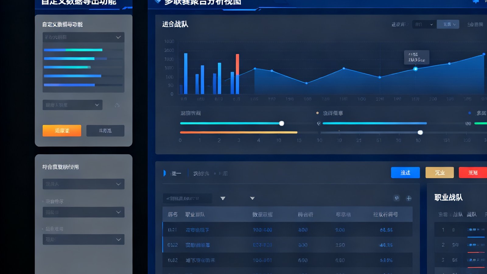 竞技宝俱乐部版专属API数据面板界面，展示实时数据流监控仪表盘、自定义数据导出功能、以及多联赛聚合分析视图，配色沉稳专业，适合职业战队使用场景。