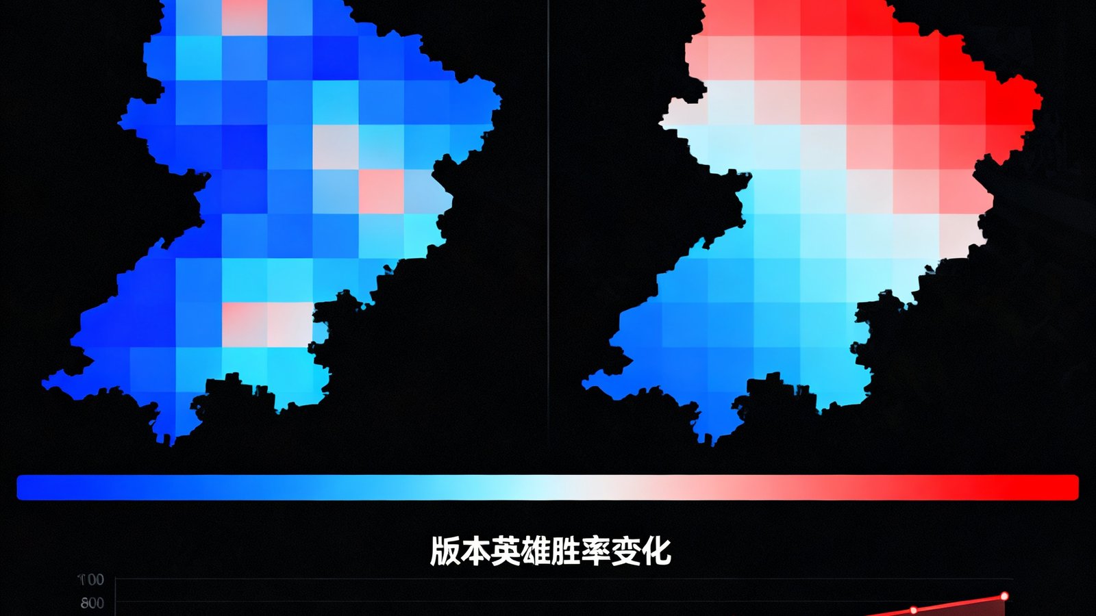 竞技宝战术分析模块生成的战队热力图对比，左侧显示2024年秋季赛AG超玩会的野区入侵频率分布，右侧显示2025年夏季赛同一战队调整后的边路压制策略，颜色从蓝色低频率到红色高频率渐变，底部附带版本英雄胜率变化折线图。